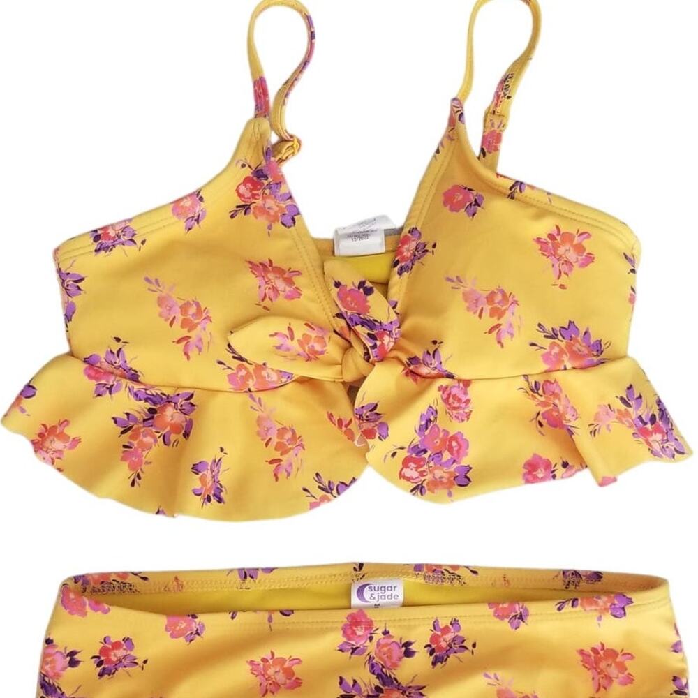 Sugar & Jade Girl's Standard Teen 2Pc Swimsuit Yellow Pink Floral, Sz M (10) - Picture 3 of 9